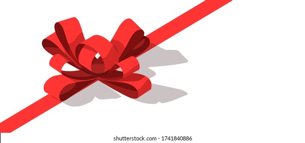 Beautiful shiny red satin ribbon on white background in isometric. Vector red bow and red ribbon. Holiday decoration