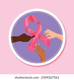 Beautiful shiny silk pink ribbon, symbol of breast cancer awareness, held by diverse women hands. Sticker. Editable cartoon design element to be printed for various events