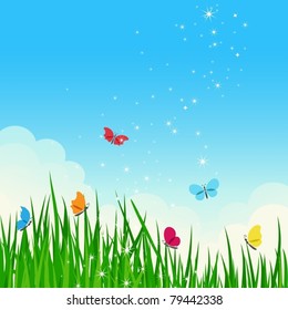 Beautiful shiny summer meadow with colorful butterflies. Vector illustration.