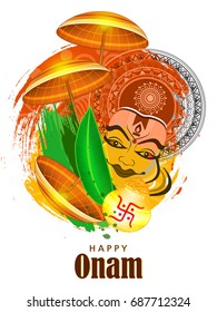 Beautiful Shiny Umbrellas with Kathakali Dancer Face on Grungy background for Harvest Festival Onam.
