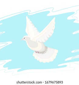 Beautiful shiny white dove flying in a blue sky. Vector hand drawn illustration.