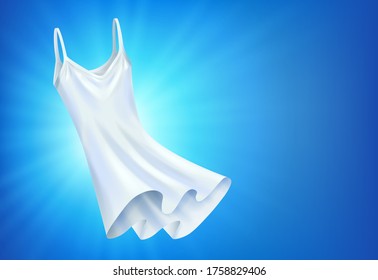 Beautiful Shiny White Dress On Blue Background, Empty Space For Your Text. Fashionable Female Clothing, Vector Illustration In Realistic Style