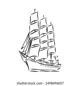 Beautiful ship, sailboat on sea contour vector illustration 