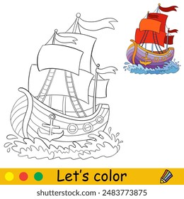 A beautiful ship sails on the waves with red sails. Kids coloring book. Vector line art monochrome illustration with color template. Ready to print. For children coloring, stickers, design