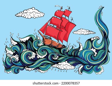 A beautiful ship with scarlet sails is sailing on the waves. Suitable for the design of children's clothing, stationery and home decoration