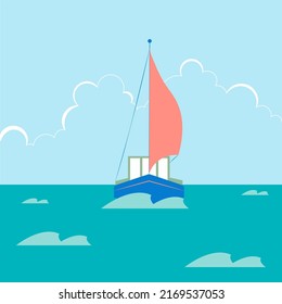 Beautiful ship in the sea. seascape. waves, clouds. Vector art. 