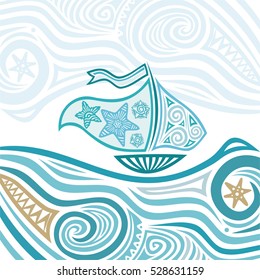 Beautiful ship and sea waves. Vector illustration.