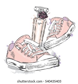 Beautiful shoes and a bottle of perfume. Vector illustration.