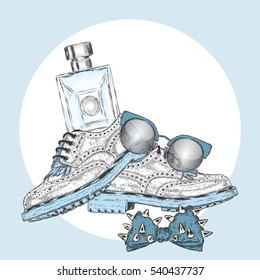 Beautiful shoes and a bottle of perfume. Vector illustration.