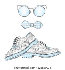 Beautiful shoes, sunglasses and a tie. Leather brogues. Vector illustration for a card or poster, print on clothes. Fashion & Style.