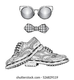 Beautiful shoes, sunglasses and a tie. Leather brogues. Vector illustration for a card or poster, print on clothes. Fashion & Style.
