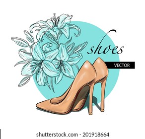 Beautiful shoes. Vector lilies. Vector graphics