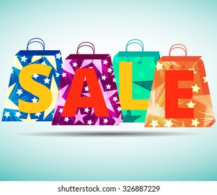 Beautiful shopping bags. Sales, discounts, percent. Gift packaging. Packets. Vector illustration.