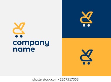 beautiful shopping cart logo for markets, supermarkets, mall in yellow and blue colors, minimalist design and easy application