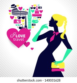 Beautiful shopping girl dreams about traveling. Heart shape with travel icons 