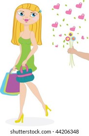 Beautiful shopping girl and her admirer with flowers