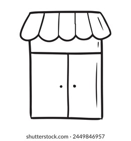 Beautiful shopwindow with striped roof in black isolated on white background. Hand drawn vector sketch illustration in doodle engraved line art vintage style. Shop entrance, fast food enter