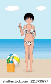 Beautiful short hair cute young lady or girl teen dress in bikini 2 piece swimsuit take action on the beach with inflatable ball and sand bucket toy background with the sea drawing in cartoon vector