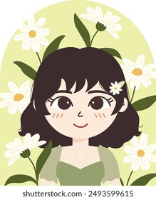 Beautiful short hair girl with daisy background vector illustration