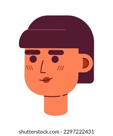 Hermosa mujer de pelo corto con sonrisa contenida de cabeza de carácter vector semi plana. Icono de avatar de caricatura editable. Enfrentar la emoción. Ilustración de puntos coloridos para diseño gráfico web y animación