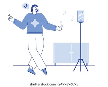 Beautiful short-haired woman dancing with sound and recorded on phone, at home. Character design. Vector flat illustration