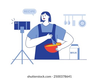 Video Hermosa mujer de pelo corto viendo un tutorial mientras se agita la masa en la cocina. Diseño de personajes. Ilustración plana de Vector