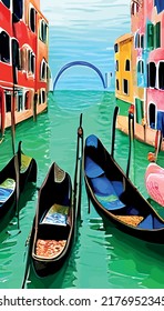 Beautiful shot of small gondolas in the river with buildings of Venice in the background, Italy