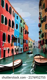 Beautiful shot of small gondolas in the river with buildings of Venice in the background, Italy