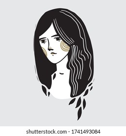 Beautiful shouldered girl with black long  hair. Vintage engraving stylized drawing. Vector illustration