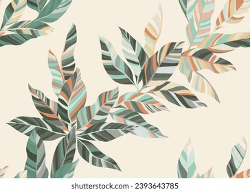 Beautiful shrub leafage endless wallpaper design. Minimal floral spring bandana cloth print. Paradise tree branch leaves repeat pattern. Stripes texture plant leaves.