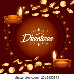 beautiful shubh dhanteras wishes background for goddess laxmi blessing vector. Translation: Happy Dhanteras, dhan means wealth teras means thirteen