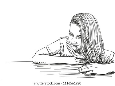 Beautiful shy preteen girl portrait with long hair on one side sitting behind desk, Vector sketch, Hand drawn illustration isolated