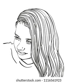 Beautiful shy preteen girl portrait with long hair on one side, Vector sketch, Hand drawn linear illustration isolated