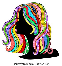 Beautiful side view of a girl with different color curls. Vector design for a logo, emblem hairdresser, salon, manufacturing of wigs, business cards, brochures, scrapbook and other 