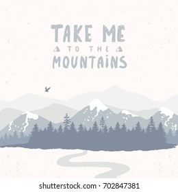 Beautiful silhouette of amazing spruce forest and mountains with text. Stylish vector illustration