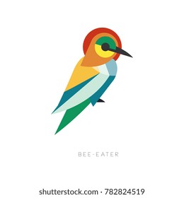 Beautiful silhouette of bee-eater composed from simple geometric shapes. Colorful abstract bird with long beak. Flat vector design for logo, print or label
