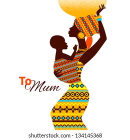 Beautiful silhouette of black african mother and baby in retro style. Cards of Happy Mother's Day