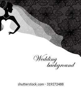 A beautiful silhouette of a bride in a dress on a black background with patterns