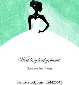 A beautiful silhouette of a bride in a dress on a turquoise background with patterns