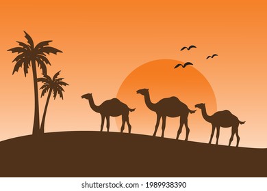 beautiful silhouette camel with palm tree, islamic background illustration wallpaper, eid al adha holiday,  landscape sand desert, golden sunlight, vector graphic