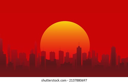 hermosa silueta de la ciudad del futuro con rascacielos sobre un fondo de cielo rojo y el sol abrasador