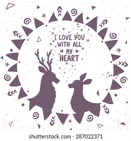Beautiful silhouette deer in ethnic frame. Vector illustration