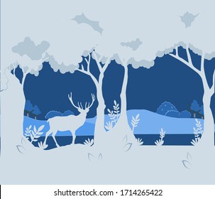 Beautiful Silhouette deer paper cut flat design stand alone in forrest in front of blue lake blue sky at night