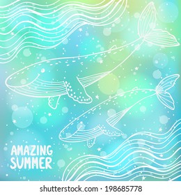 Beautiful silhouette doodle whales. Stylish summer card