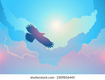 Beautiful silhouette of an eagle flying above the clouds, vector illustration
