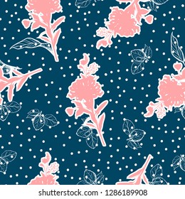 Beautiful Silhouette flower with hand drawn line of leaves on polka dots seamless pattern vector design for fashion,web,wallpaper,and all prints on dark blue background color