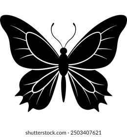 Beautiful silhouette of a flying butterfly icon, perfect for vector illustrations and graphic designs. This elegant design captures the delicate nature of butterflies in a stylish, minimalistic form