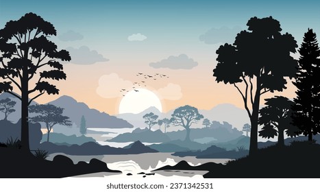 Beautiful silhouette forest and a river, mountains, trees, sunrise scenery vector illustration