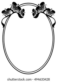 Beautiful silhouette frame. Simple black and white oval frame with abstract flowers.Vector clip art.