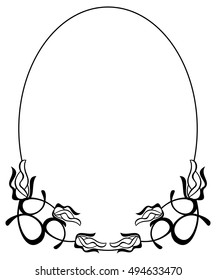 Beautiful silhouette frame. Simple black and white oval frame with abstract flowers.Vector clip art.